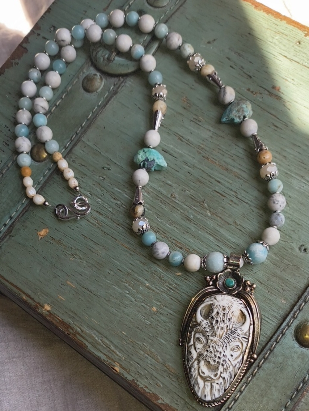 OOAK Lula Bayou Buffalo Bone Genuine Turquoise Bear Fetishes, Howlite, Amazonite